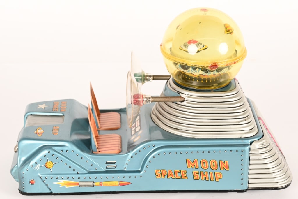 NOMURA BATTERY OP MOON PATROL CAR NO.3: Japan battery operated Moon Patrol Car No.3. All original and in great condition. Has nice colors and graphics. Clean battery box. Worked when tested. Plastic globe has minor glue repair at seam but s