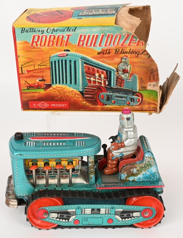 JAPAN BATTERY OP ROBOT BULLDOZER w/ BOX: Japan battery operated Robot Bulldozer. All original and complete. Has some corrosion. Did not work when tested. Comes with partial box. Still displays well. 8" Very Good