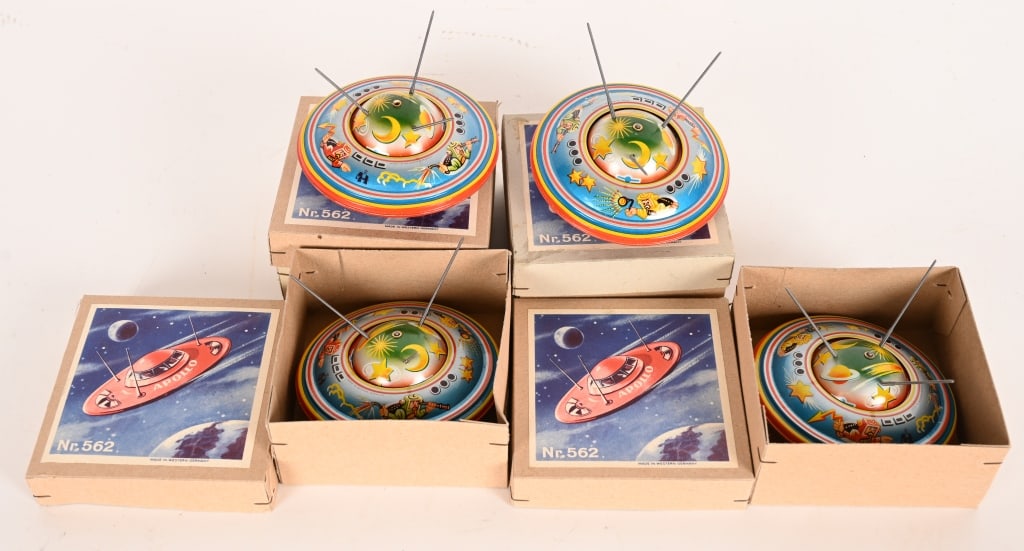 4- W GERMANY TIN FRICTION APOLLO SPACESHIP MIB: Lot of 4 Western Germany Apollo Spaceships. New Old Stock in Boxes. 4 1/4" Near Mint