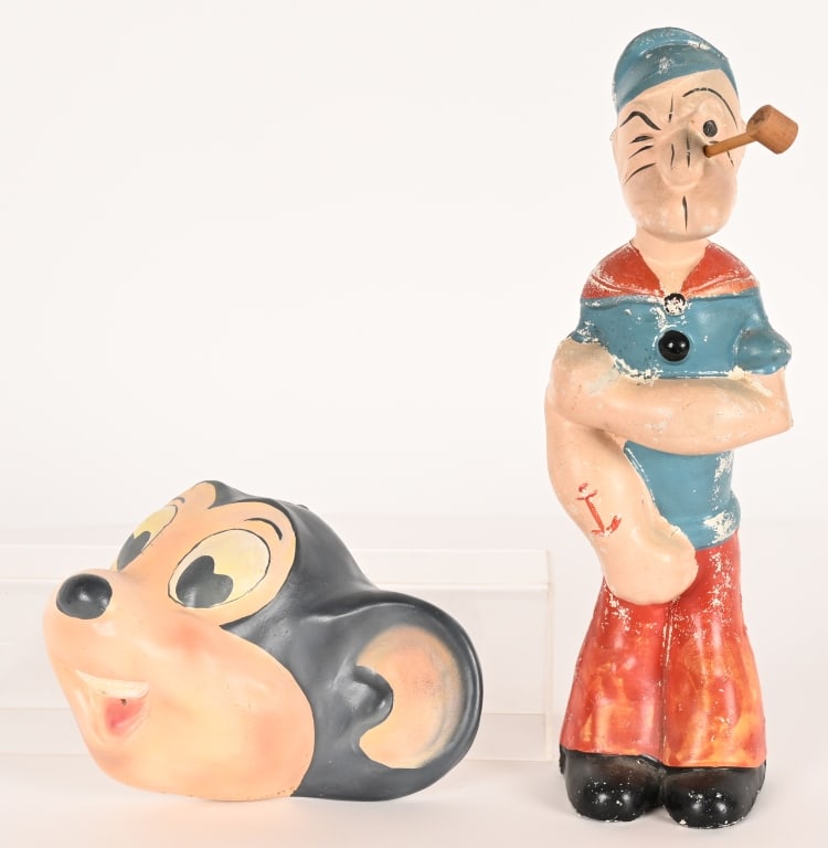 MIGHTY MOUSE STRING HOLDER & POPEYE FIGURE: Includes Mighty Mouse String Holder and Popeye. pressed wood Figure. Both all original. Largest 15" Excellent