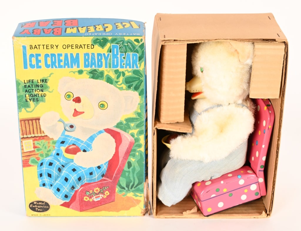 JAPAN BATTERY OP ICE CREAM BABY BEAR w/ BOX: Japan battery operated Ice Cream Baby Bear. All original and looks never played with condition. Battery box is clean. Worked when tested. Boxed 10" Excellent