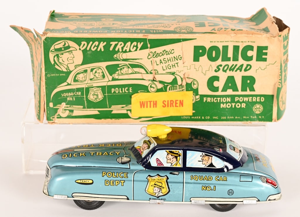 MARX TIN FRICTION BLUE DICK TRACY CAR w/ BOX: Nice original Marx Dick Tracy tin friction siren car with scarce 2 tone blue litho. The toy has a strong working friction motor with siren sound. The paint is bright with gloss. The light is