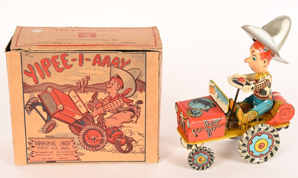 UNIQUE ART TIN WINDUP RODEO JOE CAR w/ BOX: Unique Art Rodeo Joe tin windup crazy car with colorful original box. Windup works. Nice colors with gloss. 8 1/2" Excellent