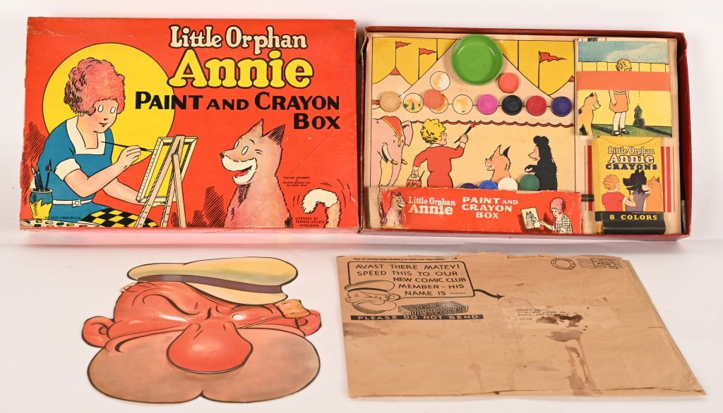VINTAGE CHARACTER TOYS & MORE: Includes Popeye Mask, and Little Orphan Annie Paint Set. Excellent