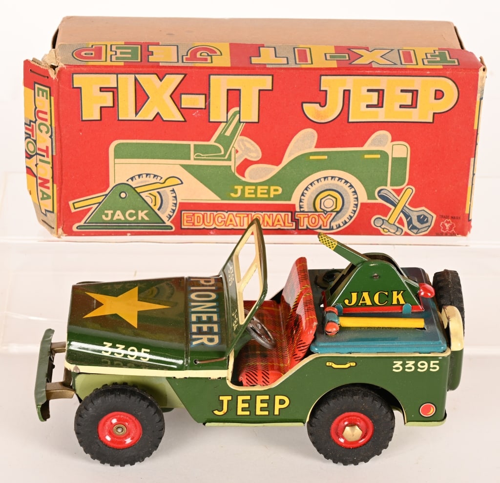 JAPAN TIN FRICTION FIX-IT-JEEP w/ BOX: Japan tin fiction Fix-It-Jeep. All original in never played with condition. Comes with Jack and Tools. Friction works. Boxed 9" Excelent