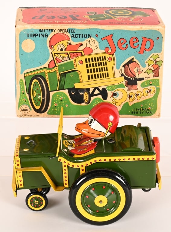 LINEMAR BATTERY OP DUCK JEEP w/ BOX: Japan battery operated Duck Jeep. All original and complete. Did not work when tested. Boxed 8" Excellent