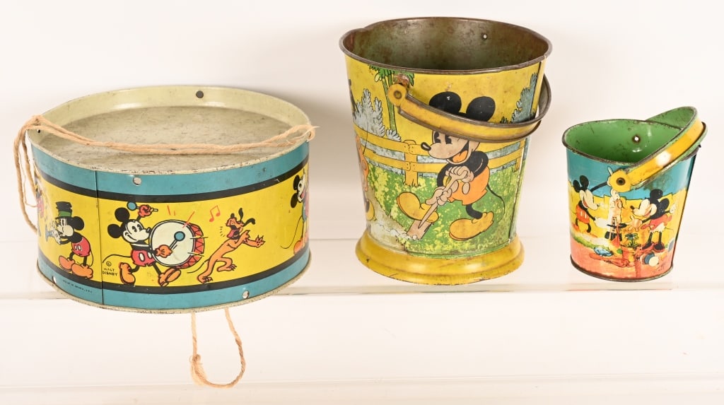 WDE MICKEY MOUSE SAND PAILS & DRUM: Walt Disney Enterprises Mickey Mouse Sand Pails and Drum. All in original condition with great Character graphics. Largest 7" Very Good-Excellent