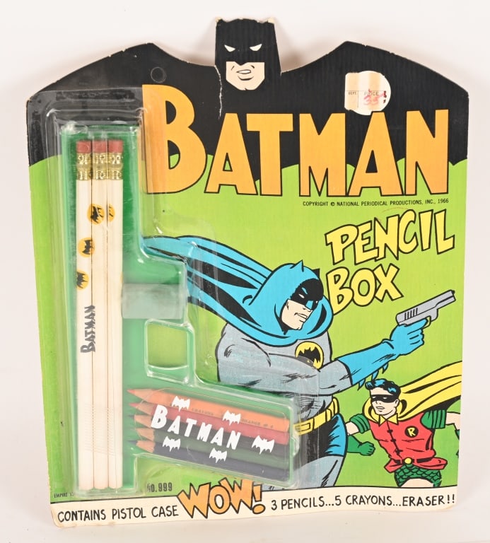 EMPIRE 1966 BATMAN GUN PENCIL BOX MOC: Empire Batman Gun Pencil Box. New Old Stock on Card. 11" Excellent