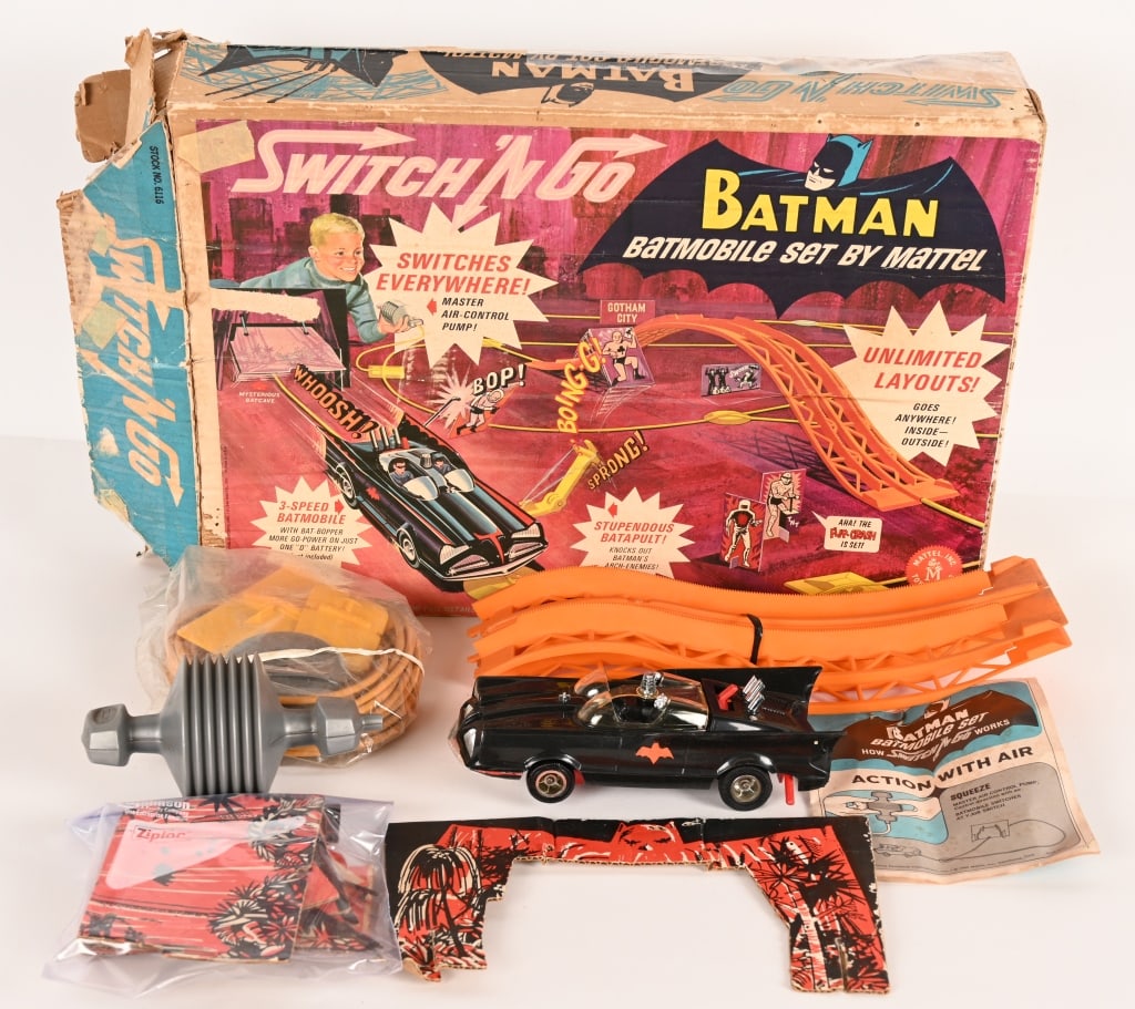 MATTEL SWITCH N GO BATMAN SET w/ BOX: Mattel Switch-N-Go Batman Set. Looks to be mostly complete with Batmobile. Boxed. 20" Very Good-Excellent