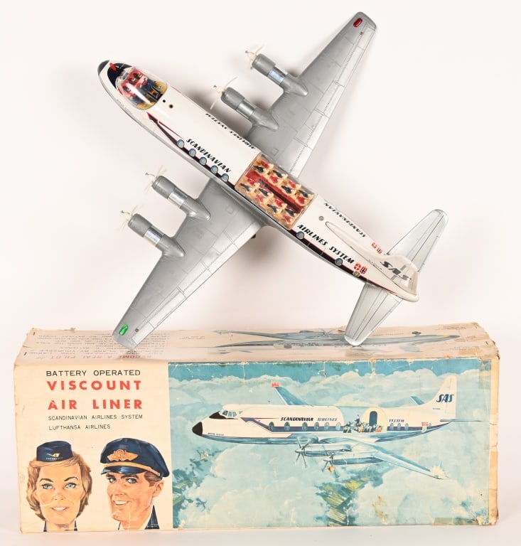 JAPAN BATTERY OP VISCOUNT AIR LINER w/ BOX: Japan battery operated Scandinavia Viscount Air Liner. All original and in great shape. Worked when tested. Boxed 20" Excellent