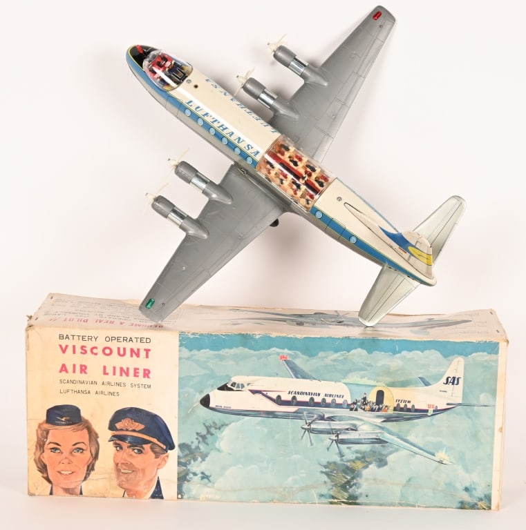 JAPAN BATTERY OP VISCOUNT AIR LINER w/ BOX: Japan battery operated Lufthansa Viscount Air Liner. All original with crack in wing. Did not work when tested. Boxed 20" Very Good