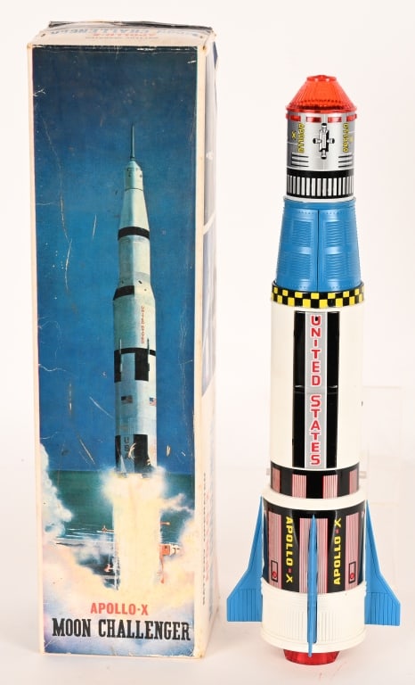 JAPAN BATTERY OP APOLLO-X MOON CHALLENGER w/ BOX: Japan battery operated Apollo-X Moon Challenger. All original and looks never played with condition. Worked when tested. Boxed 17" Excellent