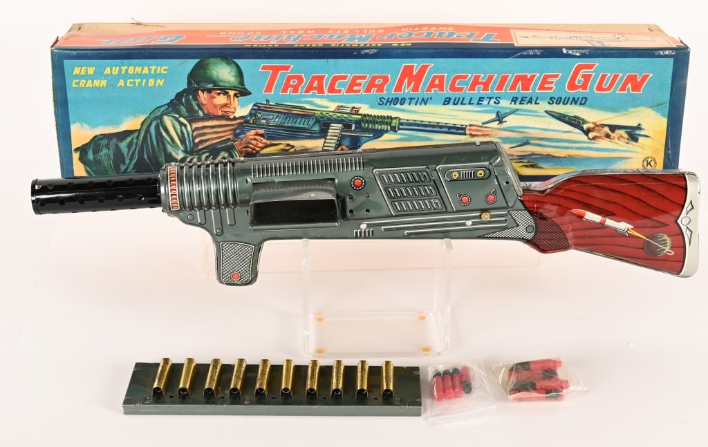 JAPAN TIN CRANK ACTION TRACER MACHINE GUN w/ BOX: All original and looks never played with condition. Works. Boxed 21" Excellent