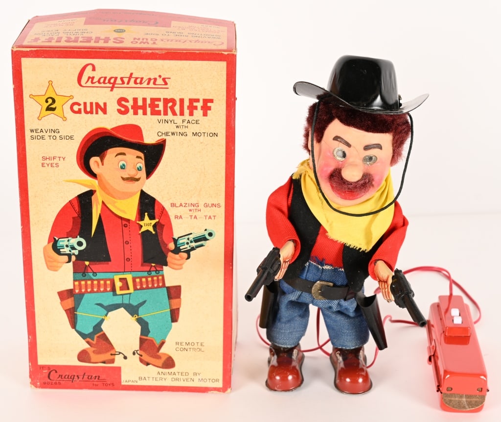 CRAGSTAN BATTERY OP 2 GUN SHERIFF w/ BOX: All original and complete. Did not work when tested. Boxed 11" Excellent