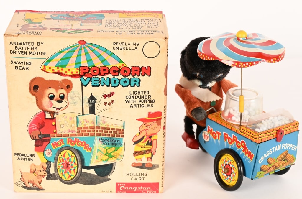 JAPAN BATTERY OP POPCORN VENDOR BEAR w/ BOX (1 of 10)