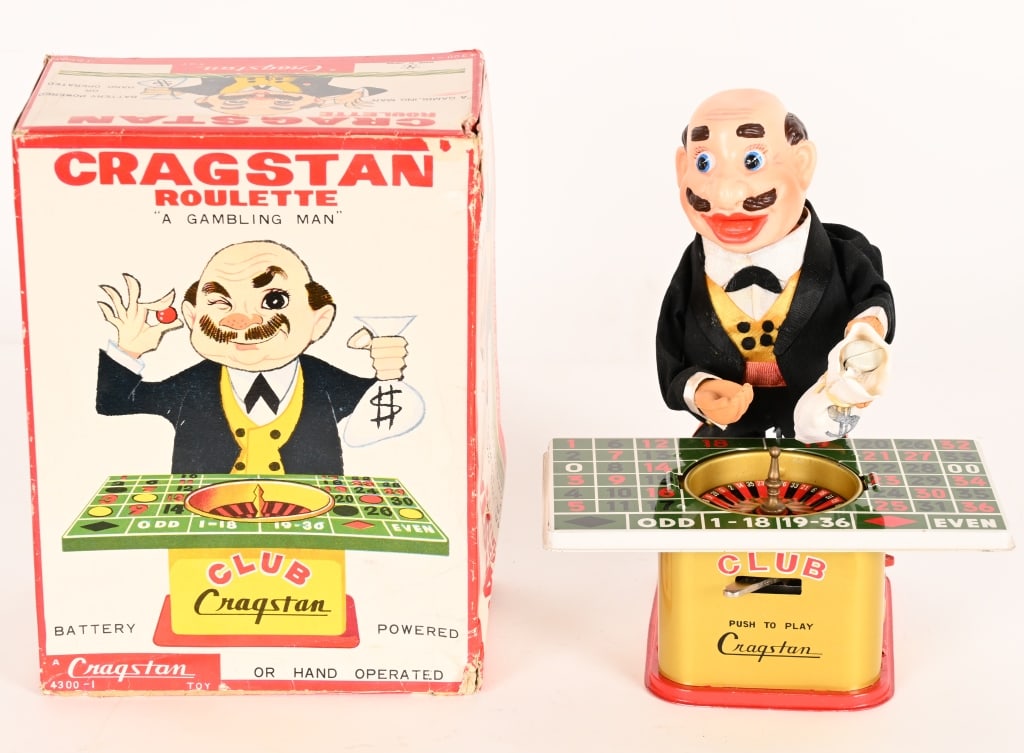 CRAGSTAN BATTERY OP ROULETTE w/ BOX: Japan battery operated Cragstan Roulette. All original and complete with accessories. Worked when tested. Boxed 10" Excellent