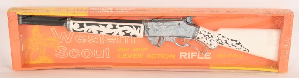 HUBLEY WESTERN SCOUT CAP RIFLE MIB: Hubley Western Scout Cap Rifle. New Old Stock in the Box. 33" Excellent