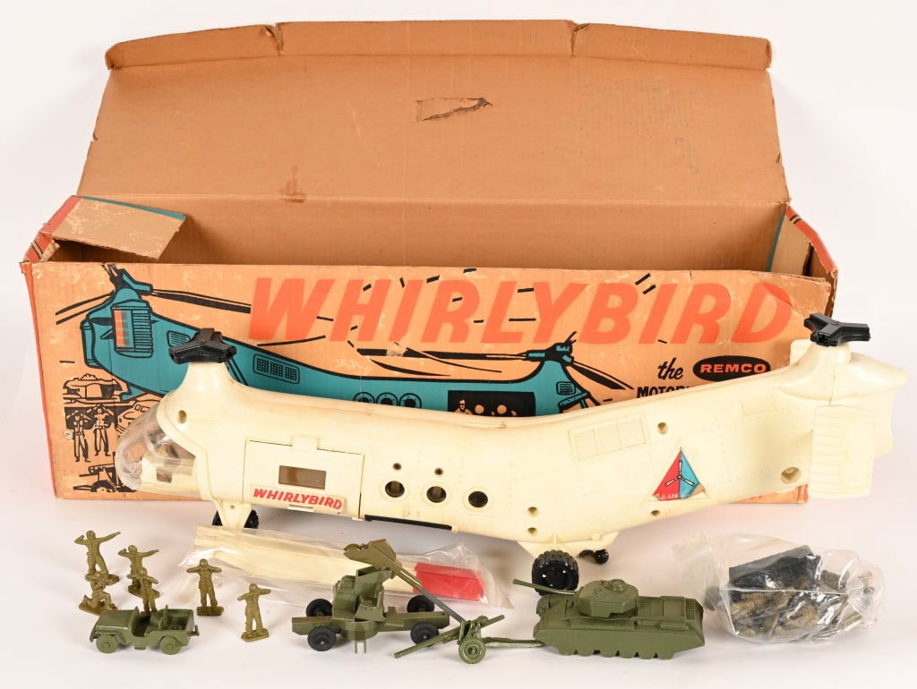 REMCO WHIRLYBIRD MOTORIZED HELICOPTER w/ BOX: Remco Whirlybird Motorized Rescue Helicopter. All original in great shape. Looks mostly complete with accessories. Boxed 26" Excellent