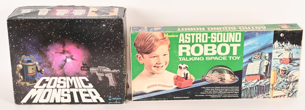 COSMIC MONSTER & ASTRO SOUND ROBOT w/ BOXES: Includes Nikko Cosmic Monster Robot Target Game with Box and Hasbro Astro Sound Robot Talking Space Toy with Box. Both in Great shape. Largest 22" Excellent
