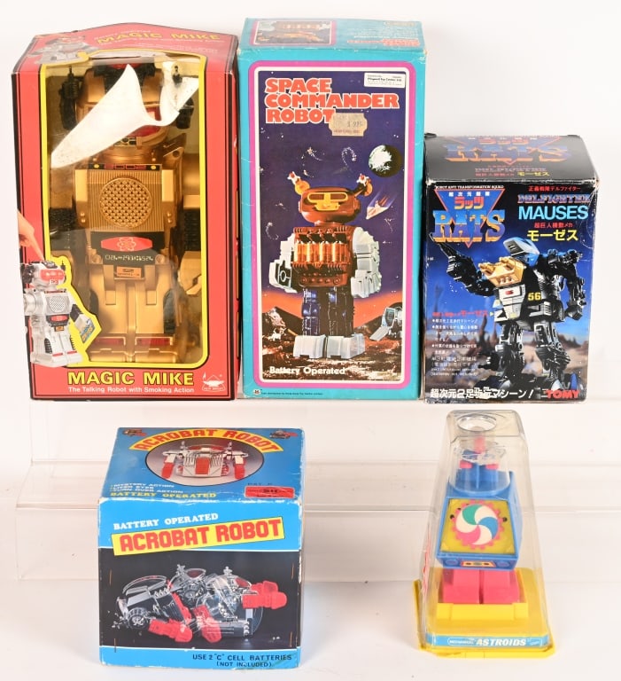 5- VINTAGE ROBOTS w/ BOX: Includes Space Commander Robot, Magic Mike, Delfighter Mauses, Acrobat Robot, and Astroids Robot. All great condition in Boxes. Largest 12" Excellent