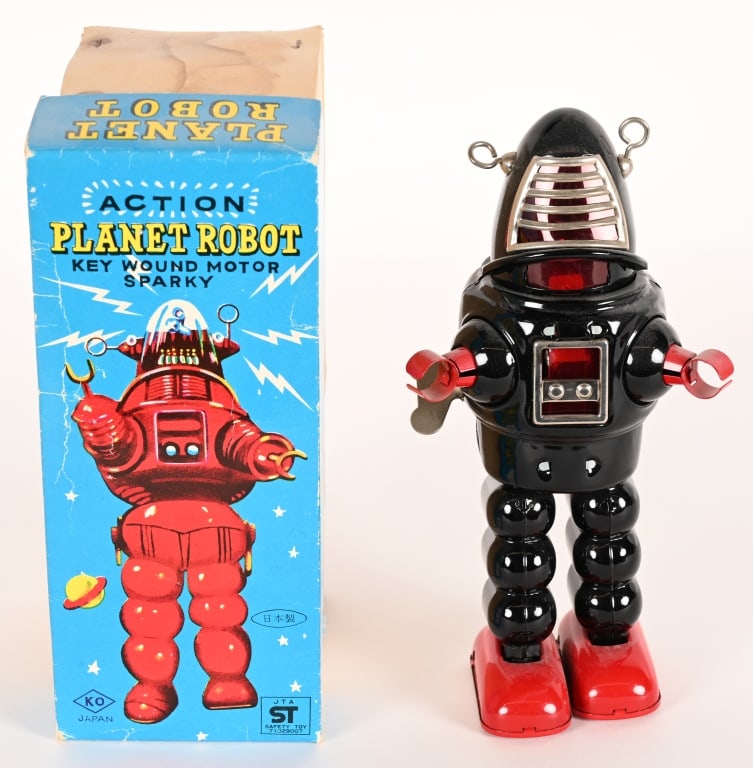 KO TIN WINDUP PLANET ROBOT w/ BOX: Japan tin windup Planet Robot. All original and works. Boxed 9" Excellent