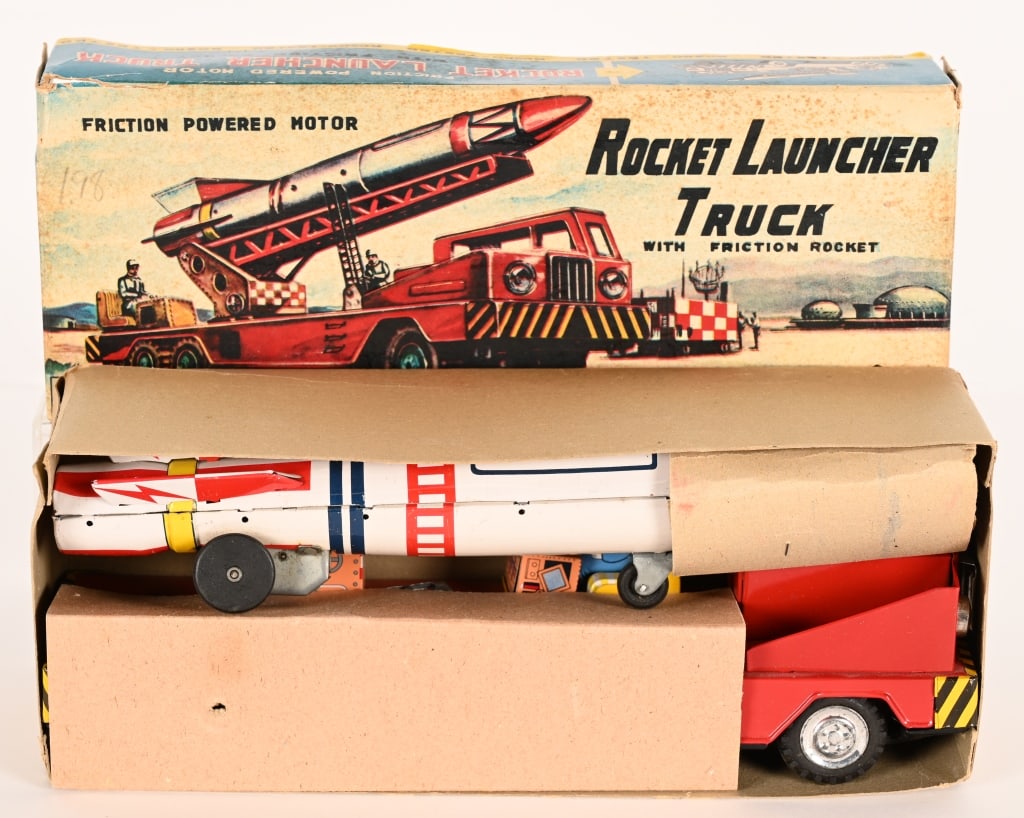 JAPAN TIN FRICTION ROCKET LAUNCHER TRUCK w/ BOX (1 of 8)