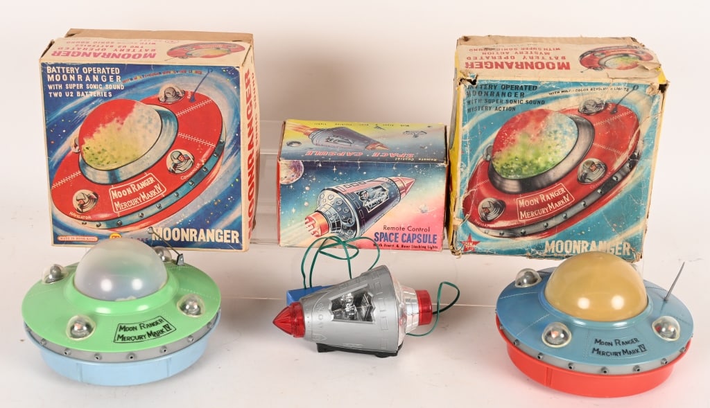3- SPACE TOYS w/ BOXES: Includes battery operated Space Capsule and 2 battery operated Moonrangers. All original with Boxes. Largest 8" Excellent