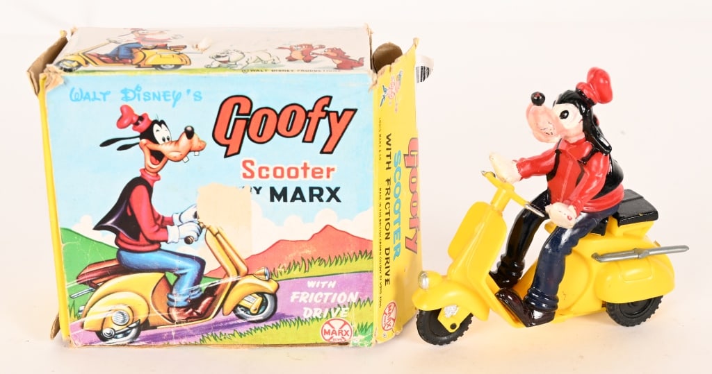 MARX FRICTION GOOFY ON SCOOTER: Marx friction Goofy on Scooter. All original and works. Boxed 4 1/2" Excellent