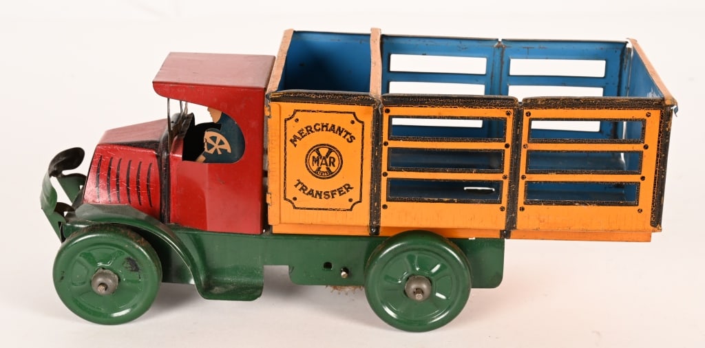 MARX TIN WINDUP MACK MERCHANTS TRANSFER TRUCK: Marx tin windup Bulldog Mack Merchants Transfer Truck. All original and in clean condition. 11" Excellent