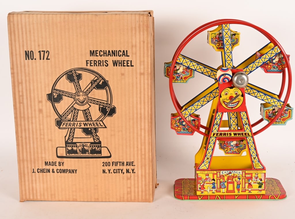 CHEIN TIN WINDUP FERRIS WHEEL w/ BOX: Chein tin windup Ferris Wheel. All original and looks never played with condition. Great colors. Worked when tested. Boxed 17" Excellent