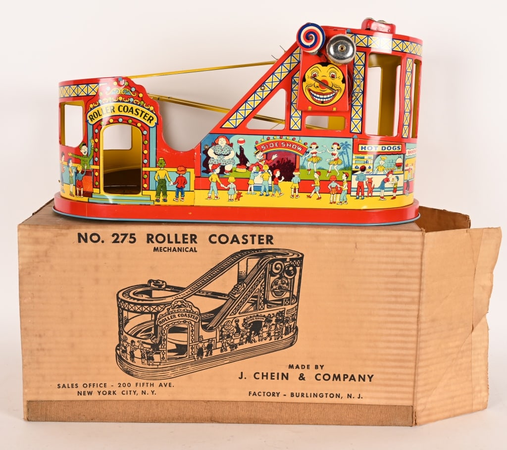 CHEIN TIN WINDUP ROLLER COASTER w/ BOX: Chein tin windup Roller Coaster. All original and looks never played with condition. Great colors. Worked when tested. Boxed 20" Excellent