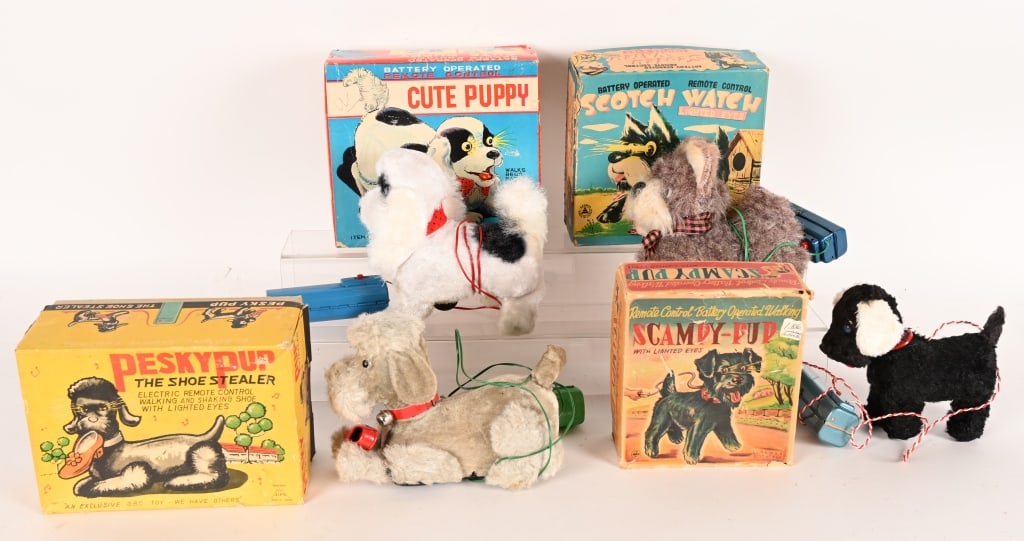 4- JAPAN BATTERY OP DOGS w/ BOX: Includes Cute Pully, Scotch Watch, Pesky Pup, and Scampy Pup. All original in great shape. Boxed. Largest 9" Excellent