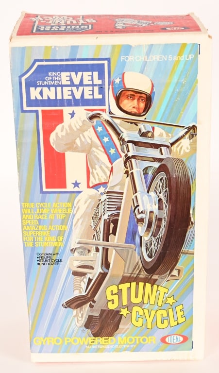 IDEAL EVEL KNIEVEL STUNY CYCLE MIB: Ideal Evel Knievel Stunt Cycle. New Old Stock sealed in the Box. 15" Excellent