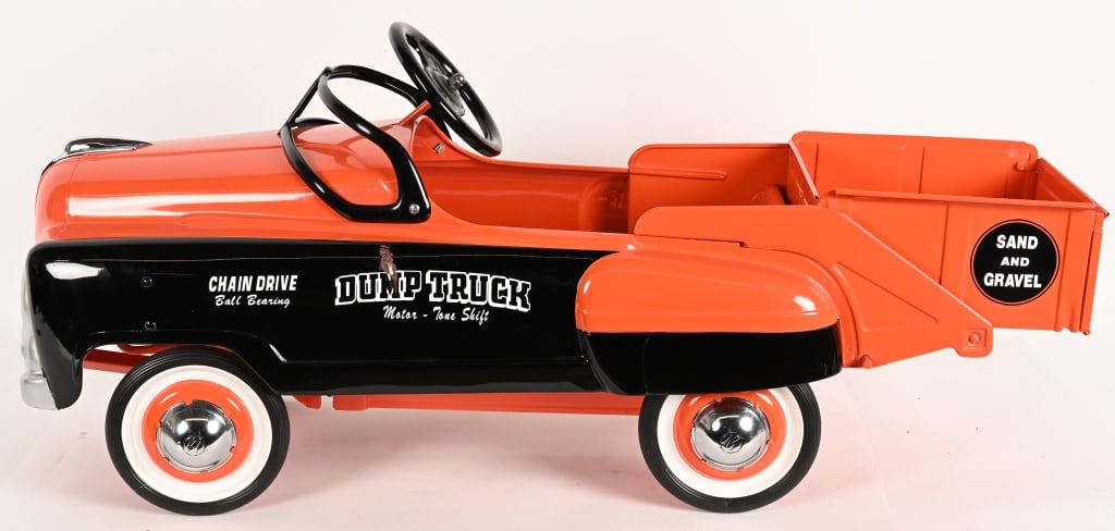 MURRAY DUMP TRUCK PEDAL CAR: Professionally restored Murray Dump Truck Pedal Car. This car looks beautiful with a high quality restoration. Looks better than the day it was new! One small spot of loss on side. 38" Excellent