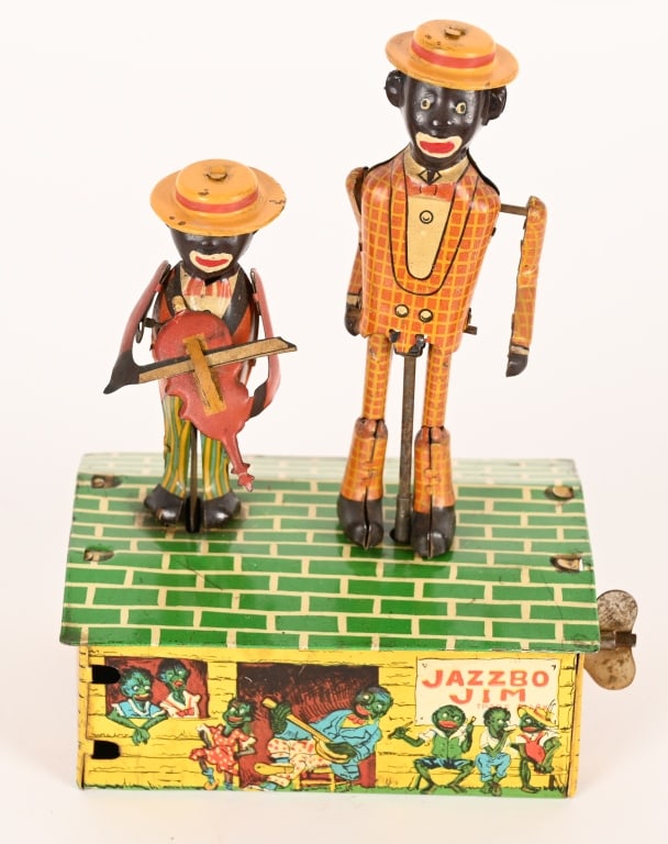 LINEMAR TIN WINDUP JAZZBO JIM: All original and complete with both figures. Very nice condition. Windup works. 7" Excellent