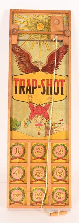 EARLY PAPER ON WOOD TRAP-SHOT GAME: great early game with Clown and Bald eagle graphics. Colors are nice all original and works. 24" Excellent