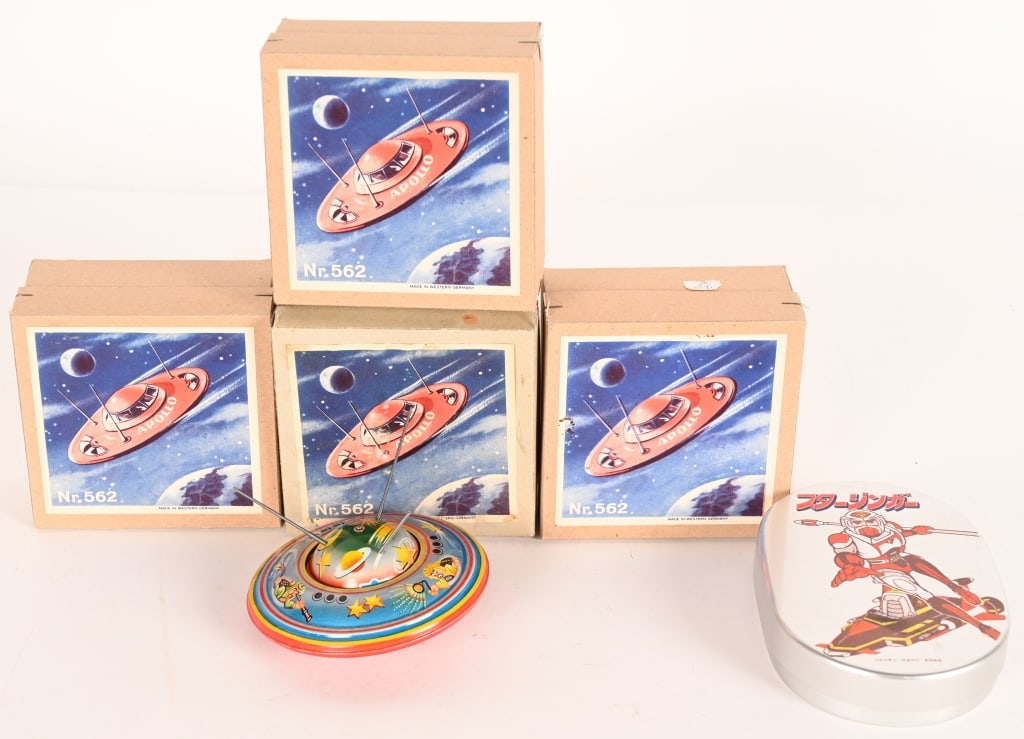 4- W GERMANY TIN FRICTION APOLLO SPACESHIP MIB: Lot of 4 Western Germany Apollo Spaceships. New Old Stock in Boxes. Comes with Star Zinger Tin. 4 1/4" Near Mint