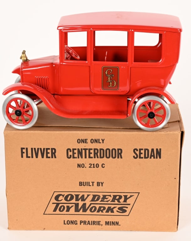 COWDERY CENTER DOOR FIRE CHIEF CAR w/ BOX: Cowdery Center Door Sedan Fire Chief Car. With Cowdery Sticker stamped on bottom. Boxed. 12" Near Mint