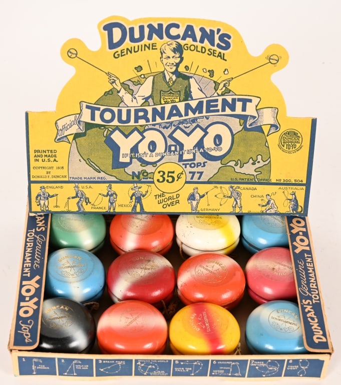 12- DUNCAN TOURNAMENT YOYO w/ DISPLAY BOX: Full Store Display Box of 12 Duncan Tournament YoYo's. New Old Stock. 9 1/2" Excellent