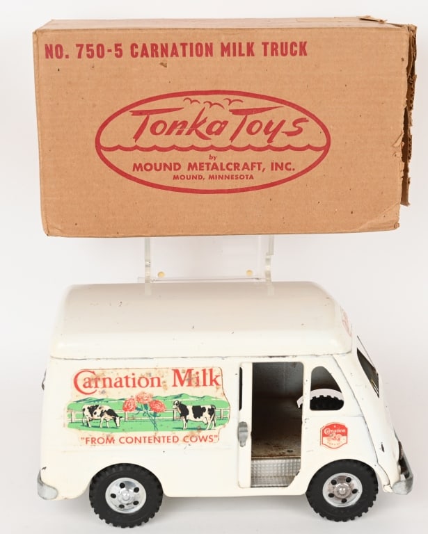 1955 TONKA CARNATION MILK TRUCK w/ BOX: #750-5 Tonka Carnation Milk Truck. All original with minor edge wear. Boxed 12 1/2" Excellent