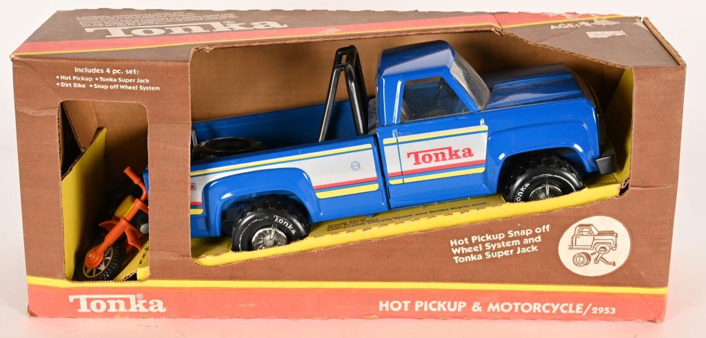 TONKA #2953 HOT PICKUP & MOTORCYCLE w/ BOX: #2953 Tonka Hot Pickup and Motorcycle. All original and looks never played with condition. Comes with Spare Tire and Jack. Boxed 20" Excellent