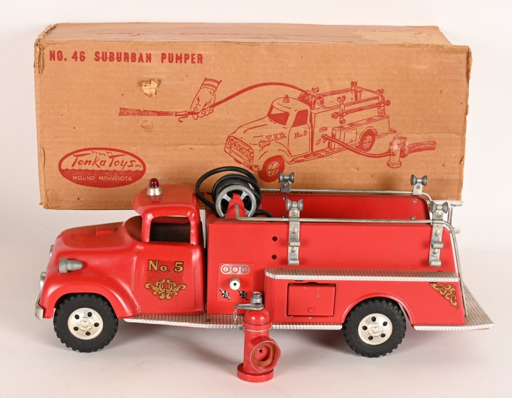 TONKA #46 SUBURBAN PUMPER w/ BOX: #46 Tonka Suburban Pumper. All original with some minor wear. Has accessories. Hose is broken. Boxed 17" Excellent