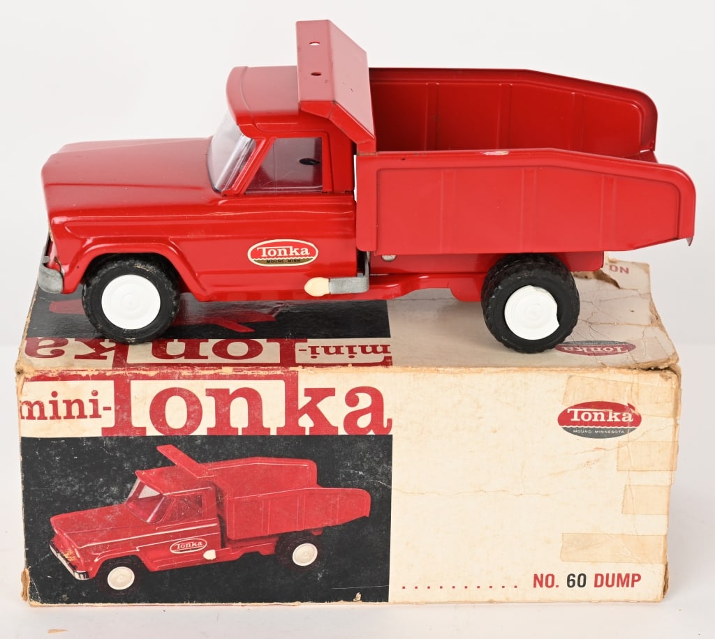 TONKA #60 JEEP DUMP w/ BOX: #60 Mini Tonka Jeep Dump Never played with in Box missing 1 flap. 9 1/2" Excellent