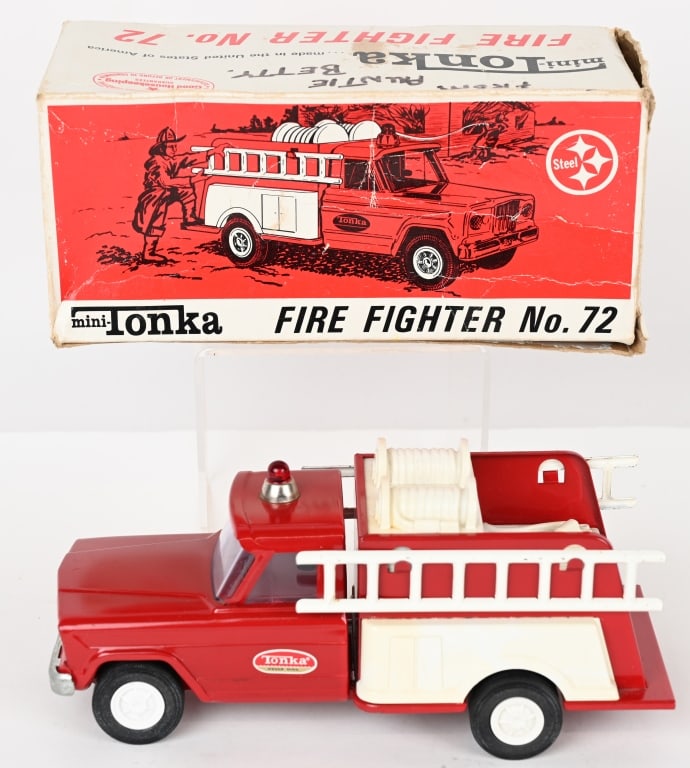 TONKA #72 MINI JEEP FIRE FIGHTER w/ BOX: #72 Mini Tonka Jeep Fire Fighter. Never played with in Box. 9 1/2" Excellent