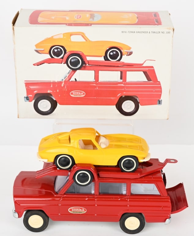 TONKA #1080 MINI JEEP WAGONEER & TRAILER w/ BOX: #1080 Mini Tonka Jeep Wagoneer and Trailer. Comes with Corvette. Never played with in Box. 9 1/2" Excellent