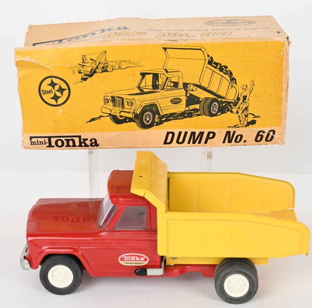 TONKA #60 JEEP DUMP w/ BOX: #60 Mini Tonka Jeep Dump Never played with in Box missing 1 flap. 9 1/2" Excellent