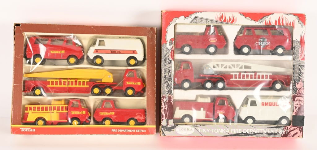 2- TONKA #830 FIRE DEPARTMENT SETS: 2- #830 Tiny Tonka Fire Department Sets. Never played with in Box. 12" Excellent