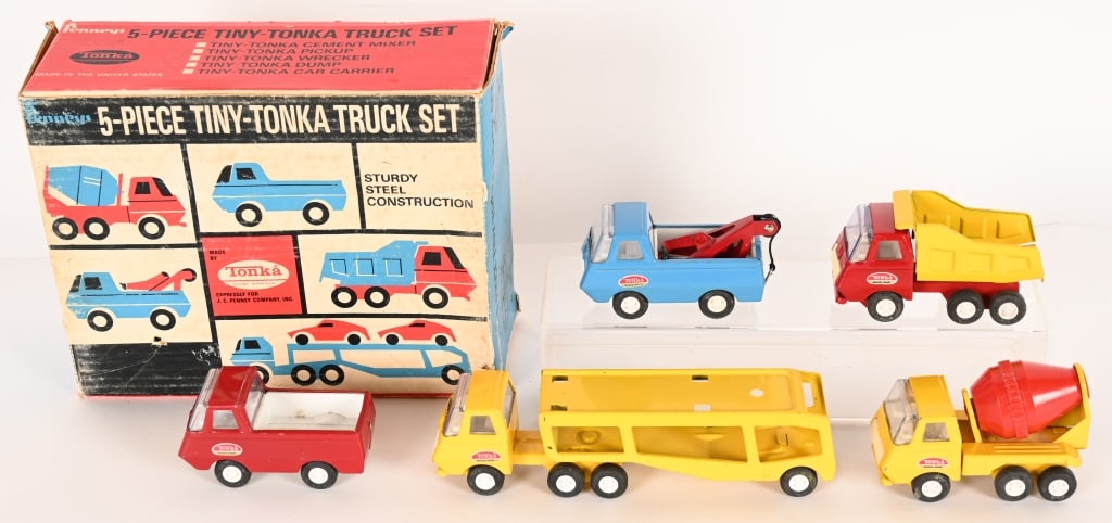 TONKA PENNY'S 5-PIECE TINY TONKA TRUCK SET: Tonka Penny's 5-Piece Tiny Tonka Truck Set. Never played with in Box. 10 1/2" Excellent