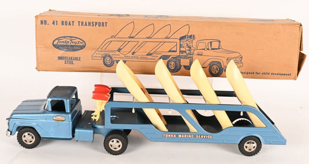 TONKA #41 BOAT TRANSPORT w/ BOX: #41 Tonka Boat Transport. All original with some minor wear. Comes with 4 Boats and 2 Motors. Boxed 28" Excellent