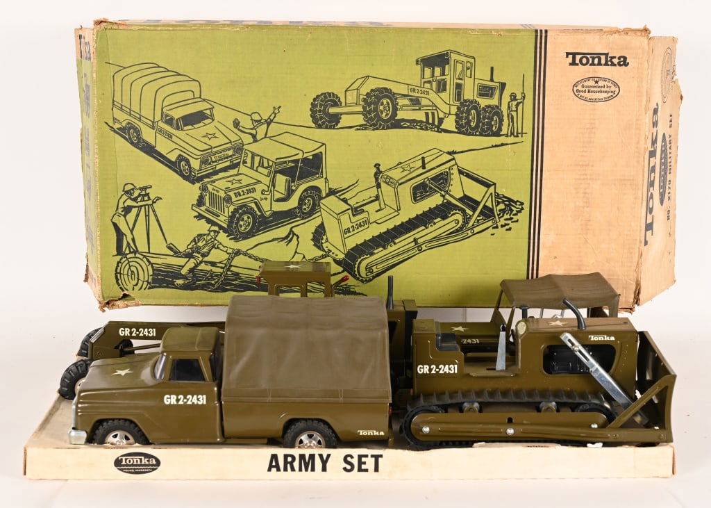 1965 TONKA #2170 MILITARY SET w/ BOX: 1965 Tonka #2170 Military Set. Includes Jeep, Transport Truck, Bulldozer, and Road Grader. All never played with condition. With Set Box and Insert. 28" Excellent